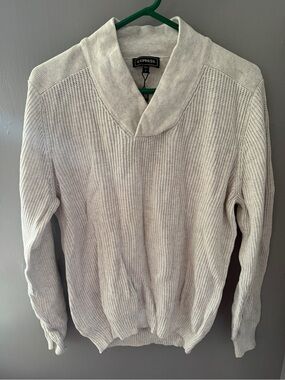 Express Men's Cream V-Neck Shawl Collar Sweater 100% cotton